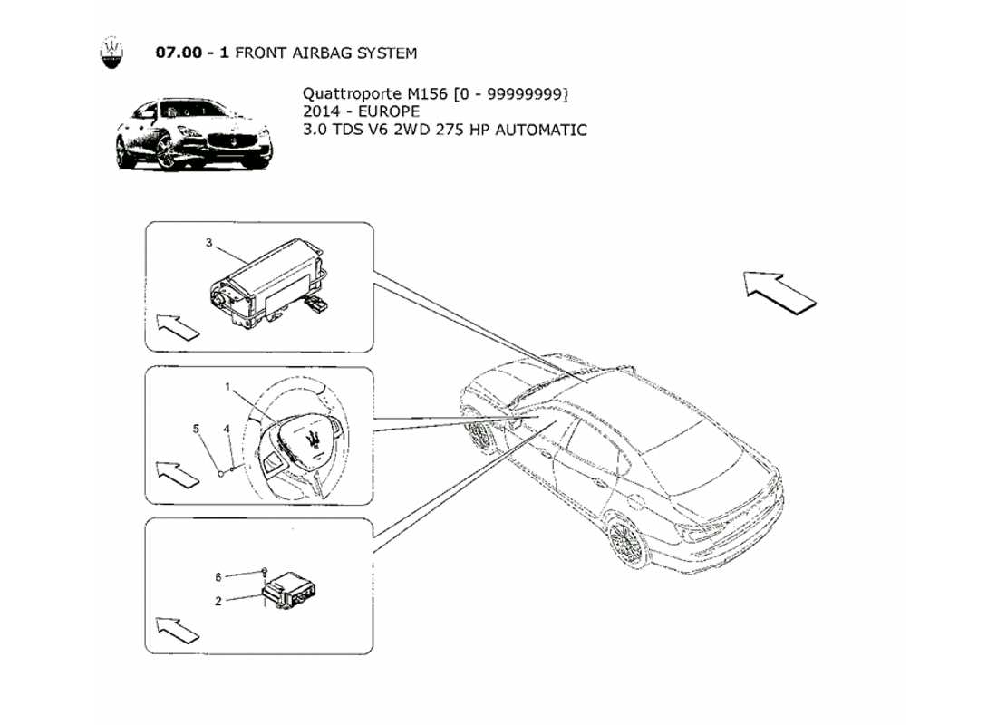 maserati qtp. v6 3.0 tds 275bhp 2014 schéma des pièces du système d'airbag frontal