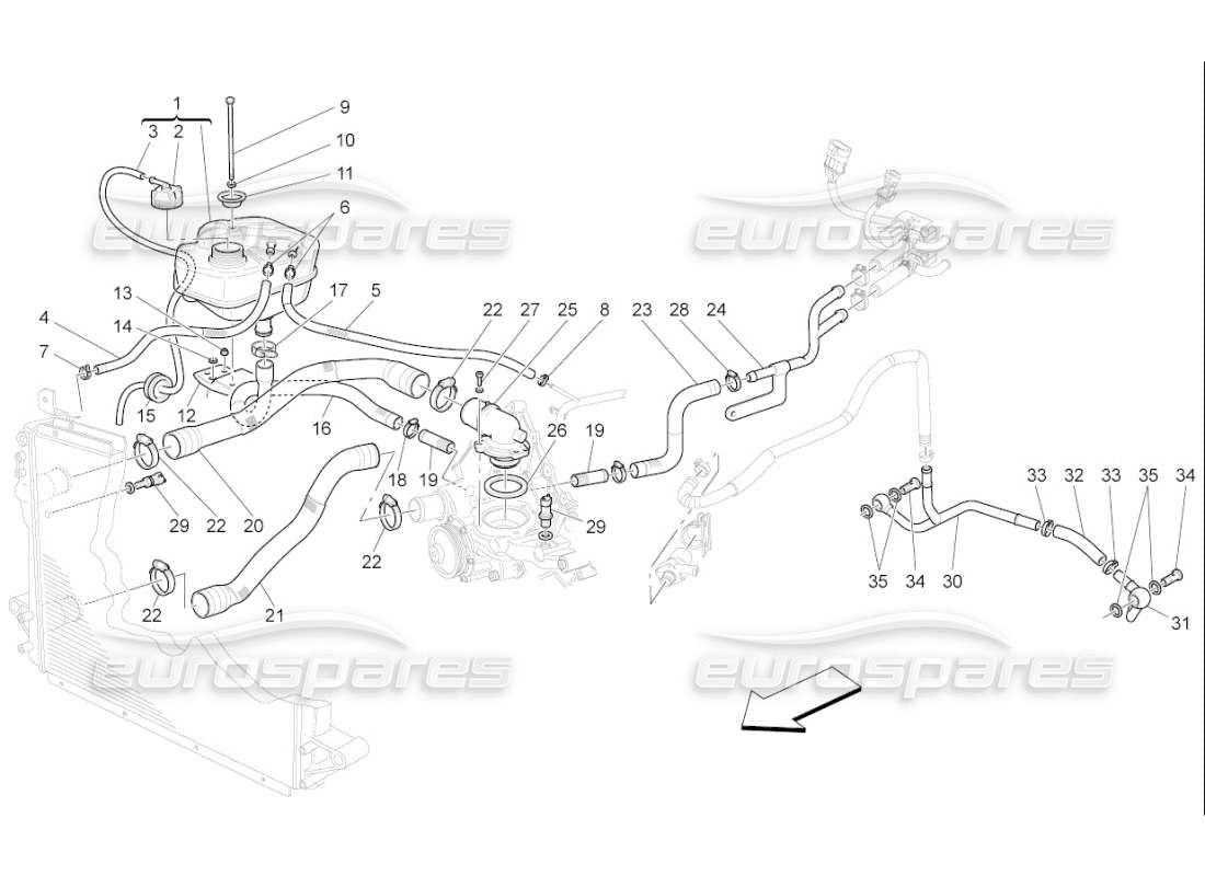 maserati qtp. (2010) 4.7 auto système de refroidissement : diagramme de pièces nourice et lignes
