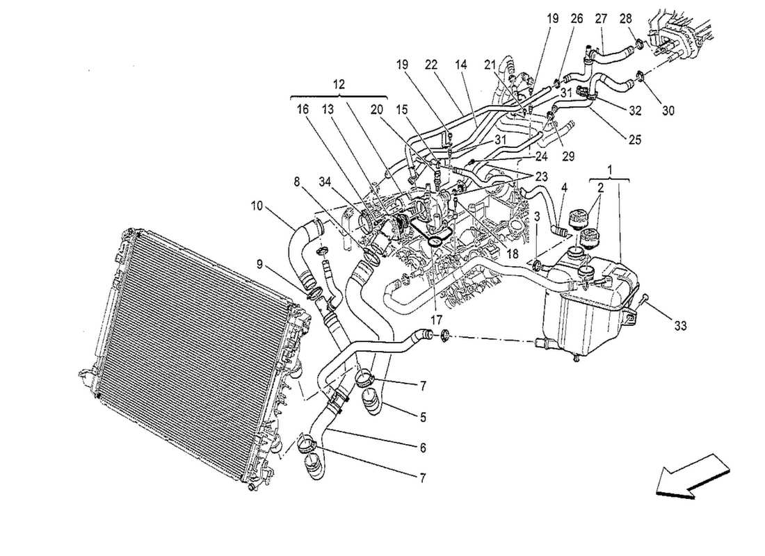 maserati qtp. v8 3.8 530bhp 2014 système de refroidissement : diagramme de pièces nourice et lignes