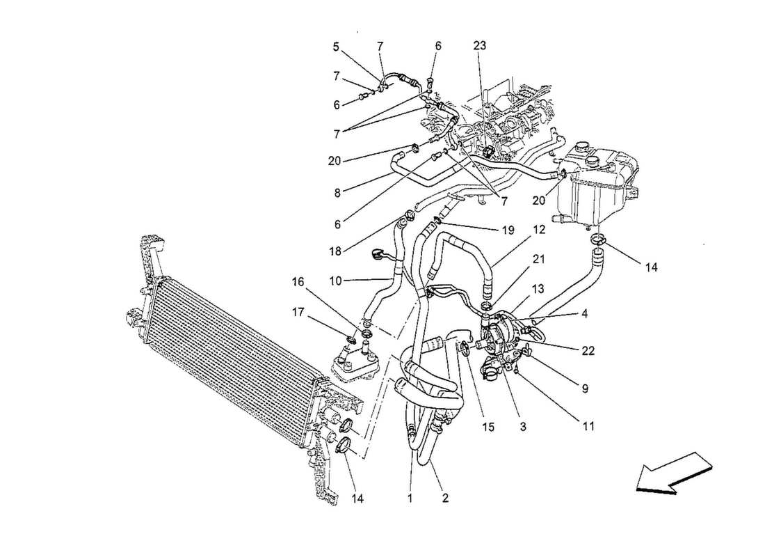 maserati qtp. v8 3.8 530bhp 2014 système de refroidissement : diagramme de pièces nourice et lignes