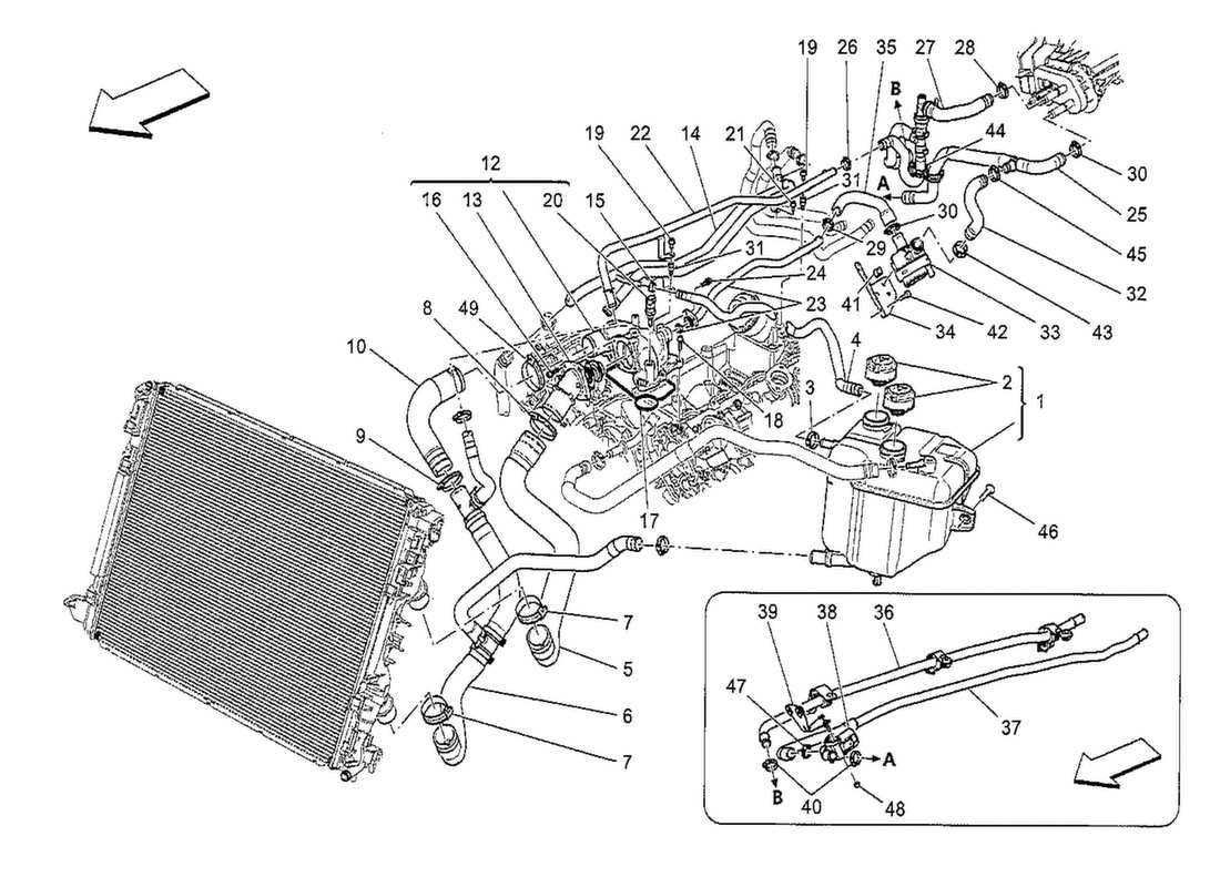 maserati qtp. v8 3.8 530bhp 2014 système de refroidissement : diagramme de pièces nourice et lignes