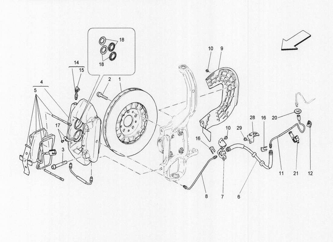 maserati qtp. v6 3.0 bt 410bhp 2wd 2017 dispositifs de freinage sur les roues avant schéma des pièces