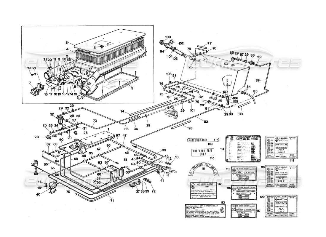 maserati qtp.v8 4.9 (s3) 1979 système d'alimentation en carburant (version américaine) schéma des pièces