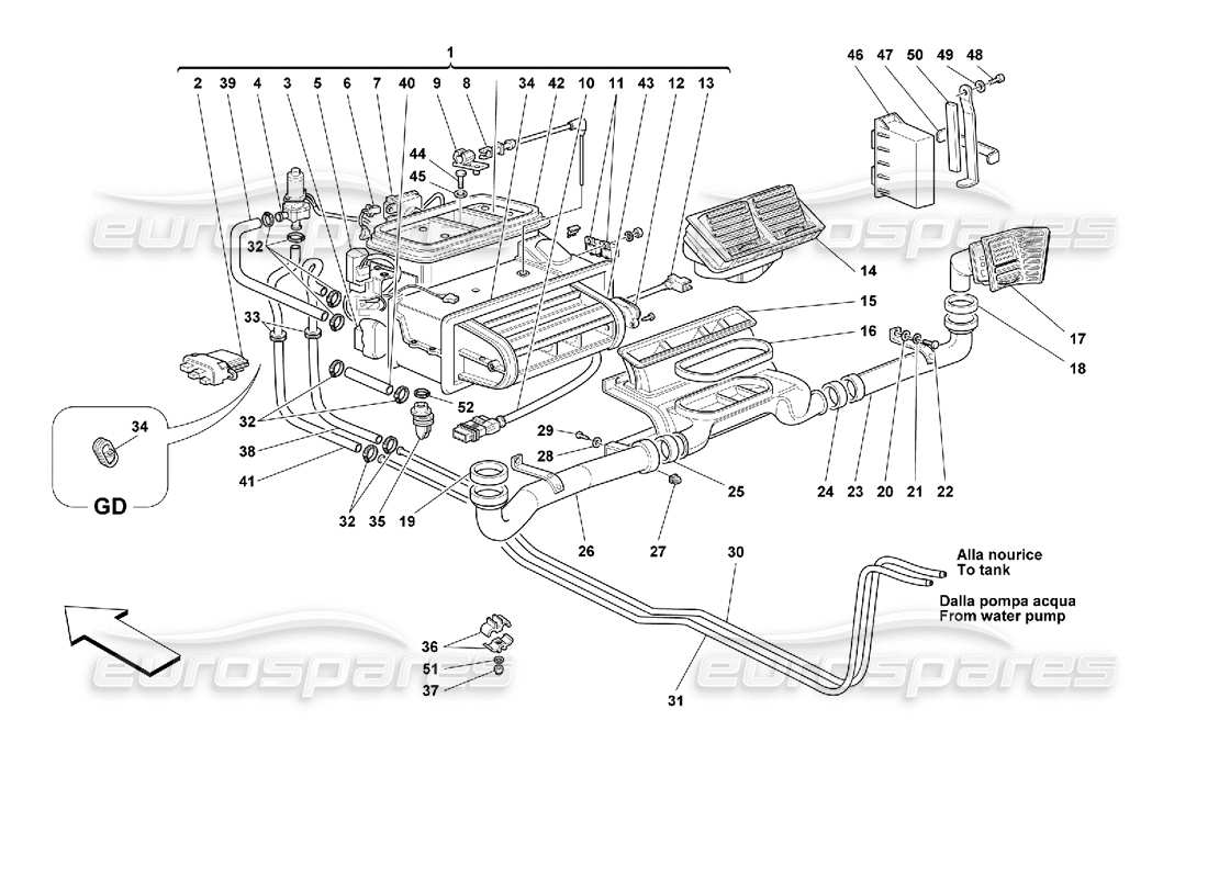 ferrari 355 (2.7 motronic) schéma des pièces d'aération de l'unité d'évaporateur et de l'habitacle des passagers