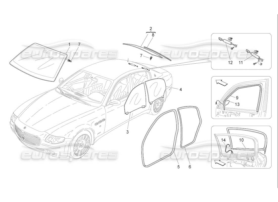 maserati qtp. (2009) 4.7 auto diagramme de pièces de fenêtres et de bandes de fenêtre