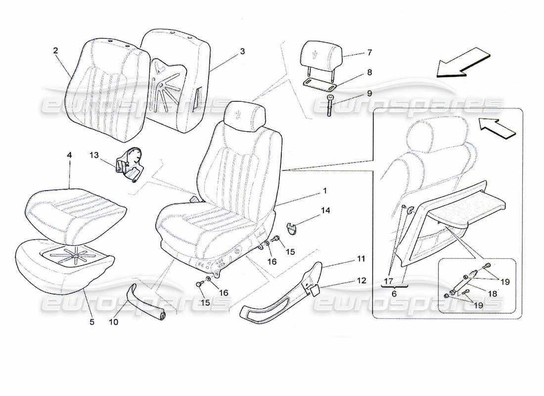 maserati qtp. (2010) 4.7 sièges avant : diagramme de pièces des panneaux de garniture