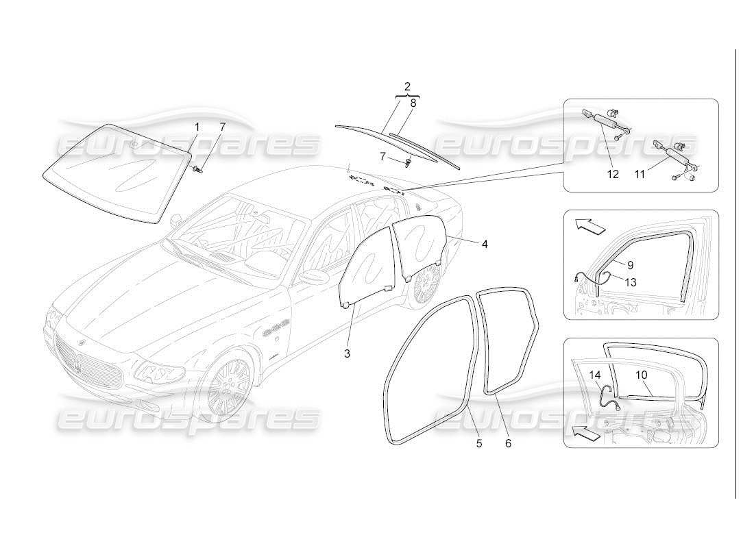 maserati qtp. (2007) 4.2 auto diagramme de pièces de fenêtres et de bandes de fenêtre