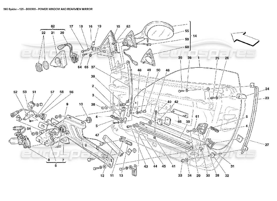 ferrari 360 spider portes - schéma des pièces des vitres électriques et des rétroviseurs