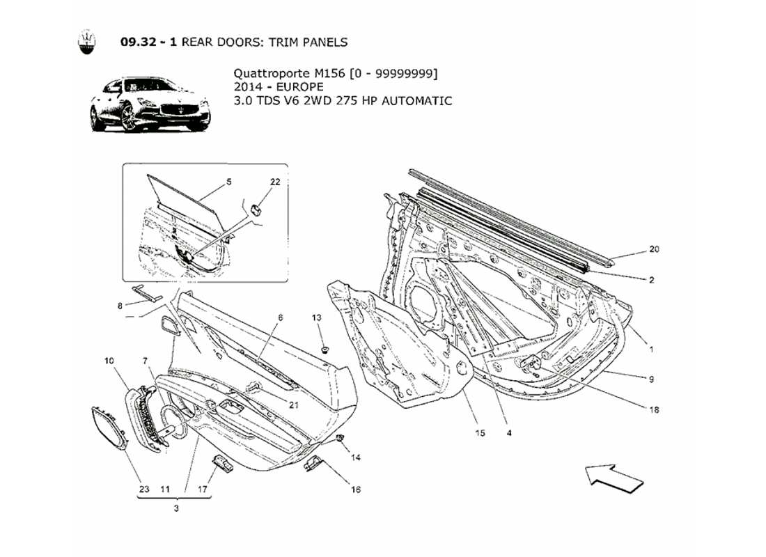 maserati qtp. v6 3.0 tds 275bhp 2014 portes arrière : diagramme de pièces des panneaux de garniture