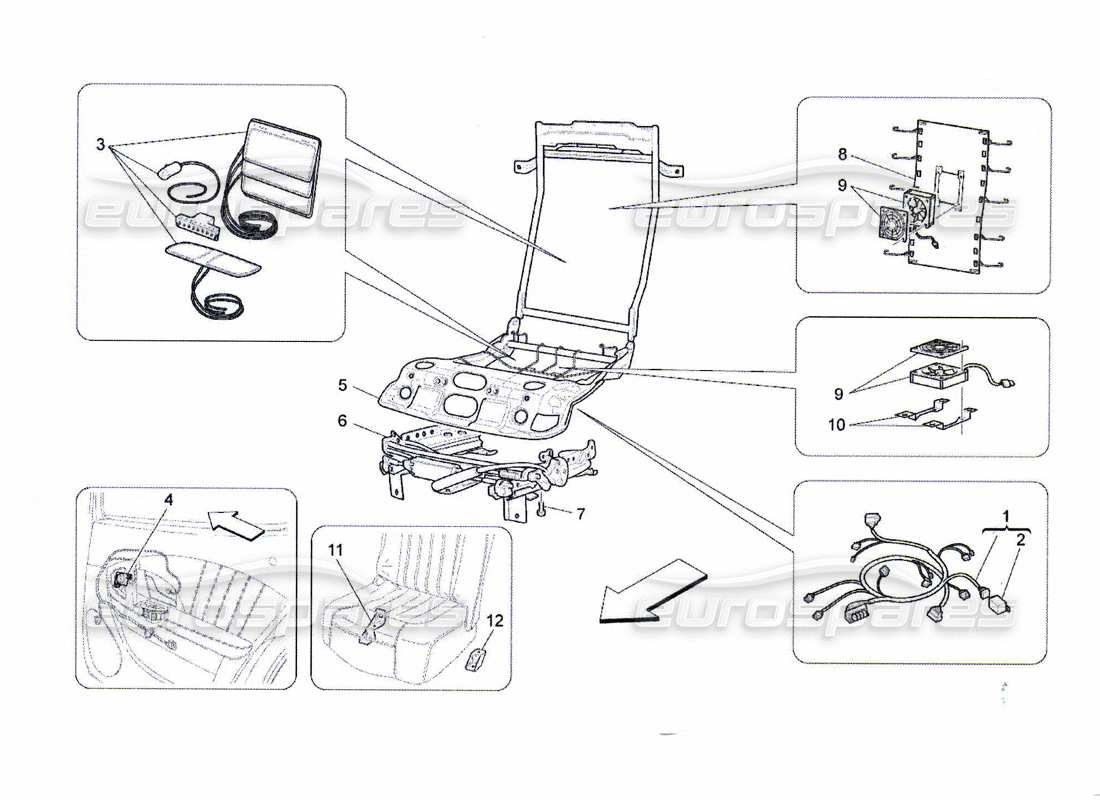maserati qtp. (2010) 4.7 sièges arrière : schéma des pièces mécaniques et électroniques