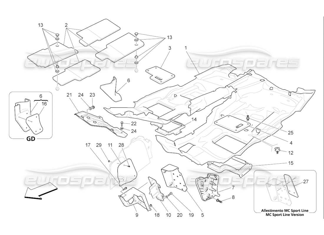 maserati qtp. (2006) 4.2 f1 tapis pour habitacle passagers schéma des pièces