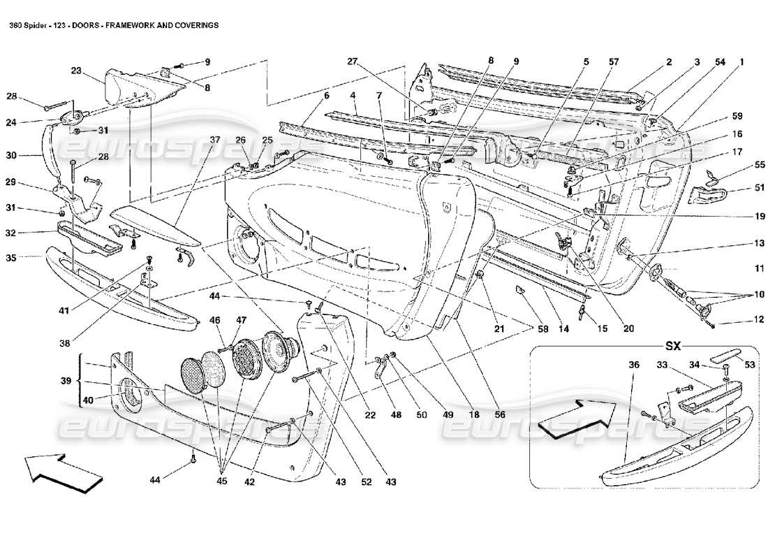 ferrari 360 spider portes - ossature et revêtements schéma des pièces