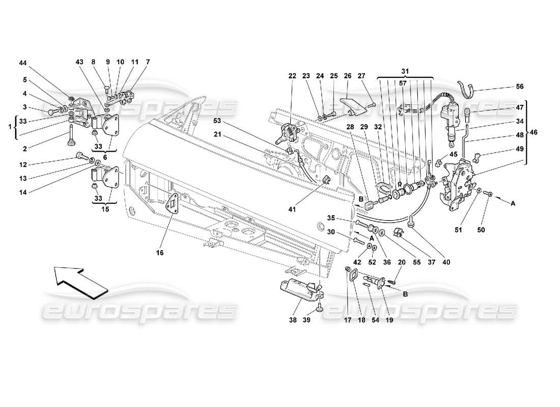 ferrari 355 (2.7 motronic) portes - schéma des pièces du contrôle d'ouverture et des charnières