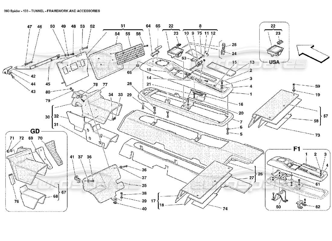 ferrari 360 spider tunnel - ossature et accessoires schéma des pièces