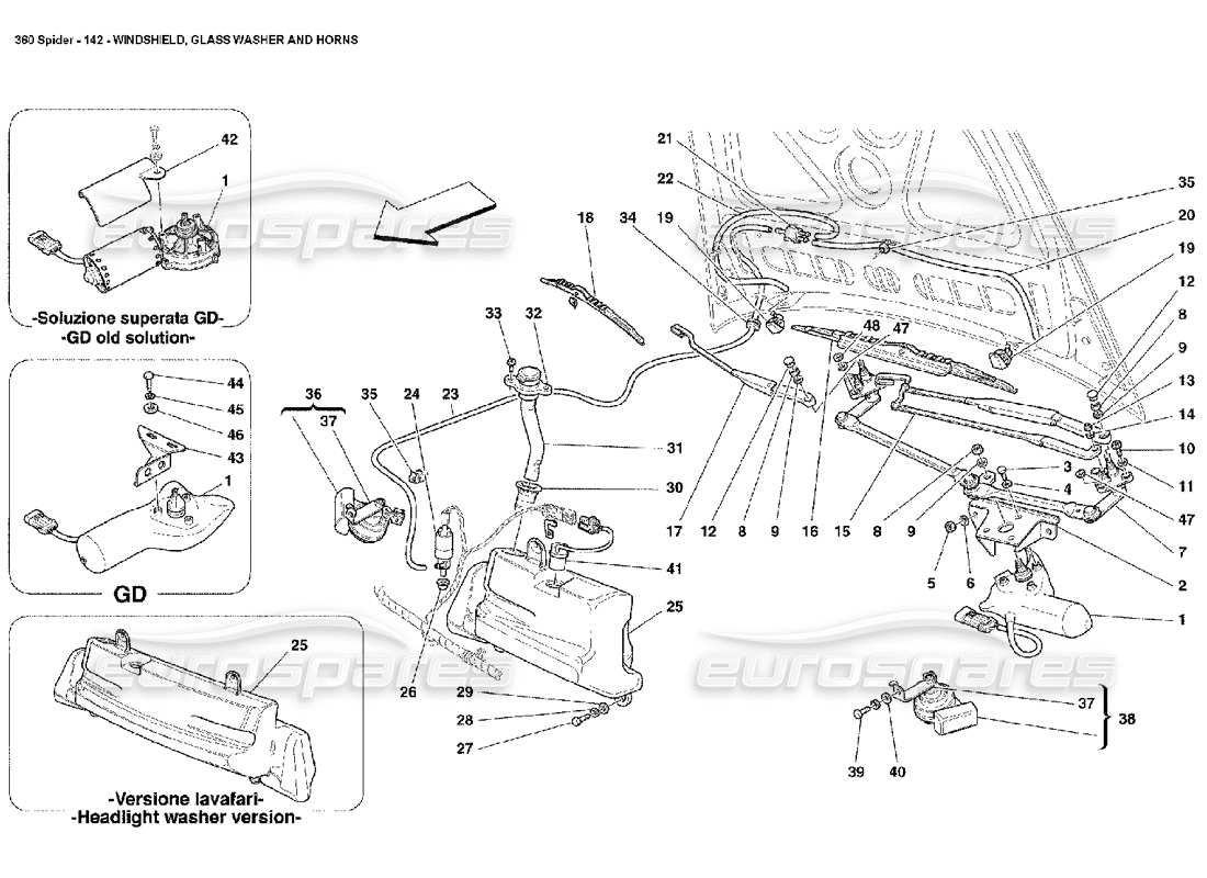 ferrari 360 spider pare-brise, lave- rondelle et klaxons schéma des pièces