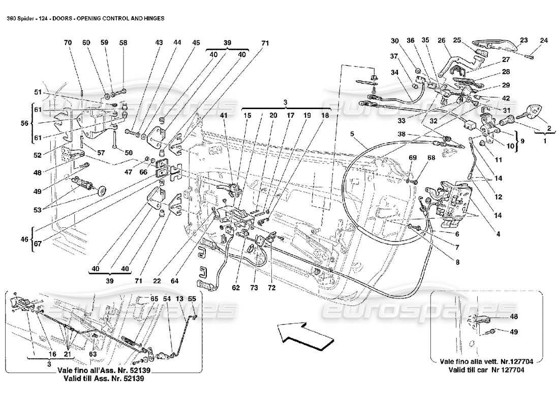 ferrari 360 spider portes - commande d'ouverture et charnières schéma des pièces