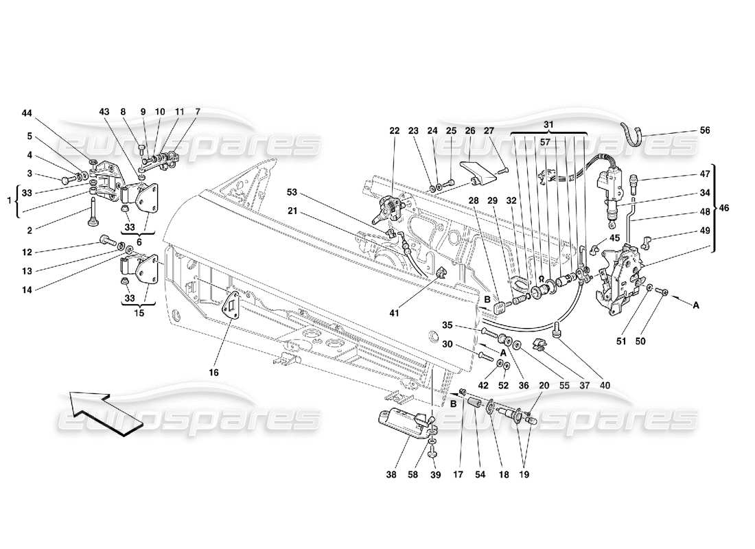 ferrari 355 (5.2 motronic) portes - schéma des pièces du contrôle d'ouverture et des charnières