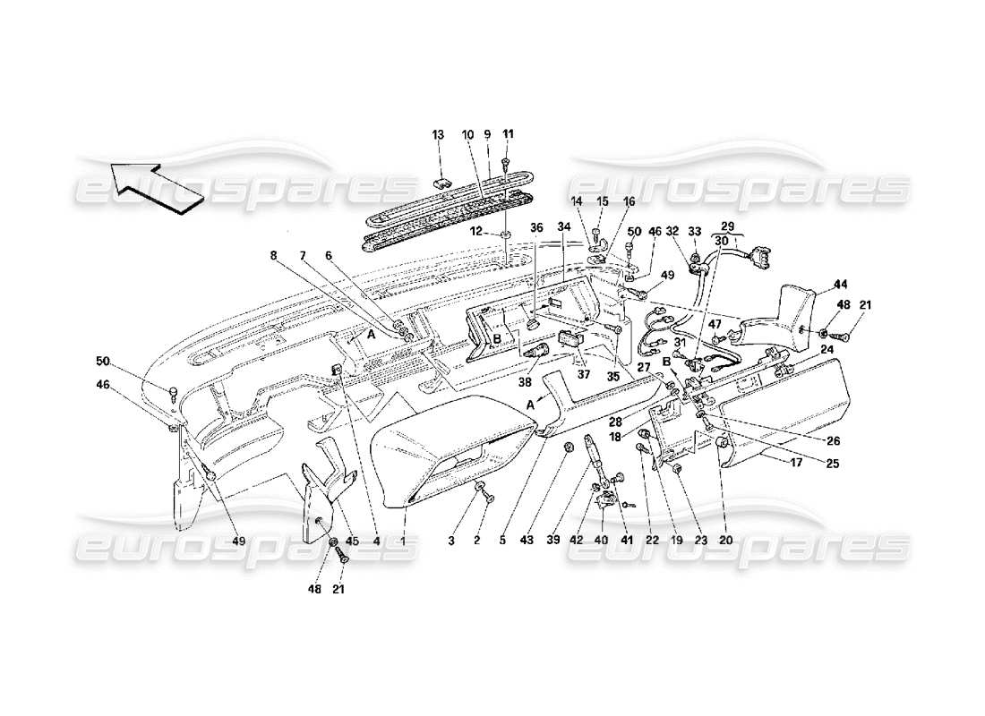 ferrari 348 (2.7 motronic) tableau de bord - schéma des pièces de garniture et d'accessoires