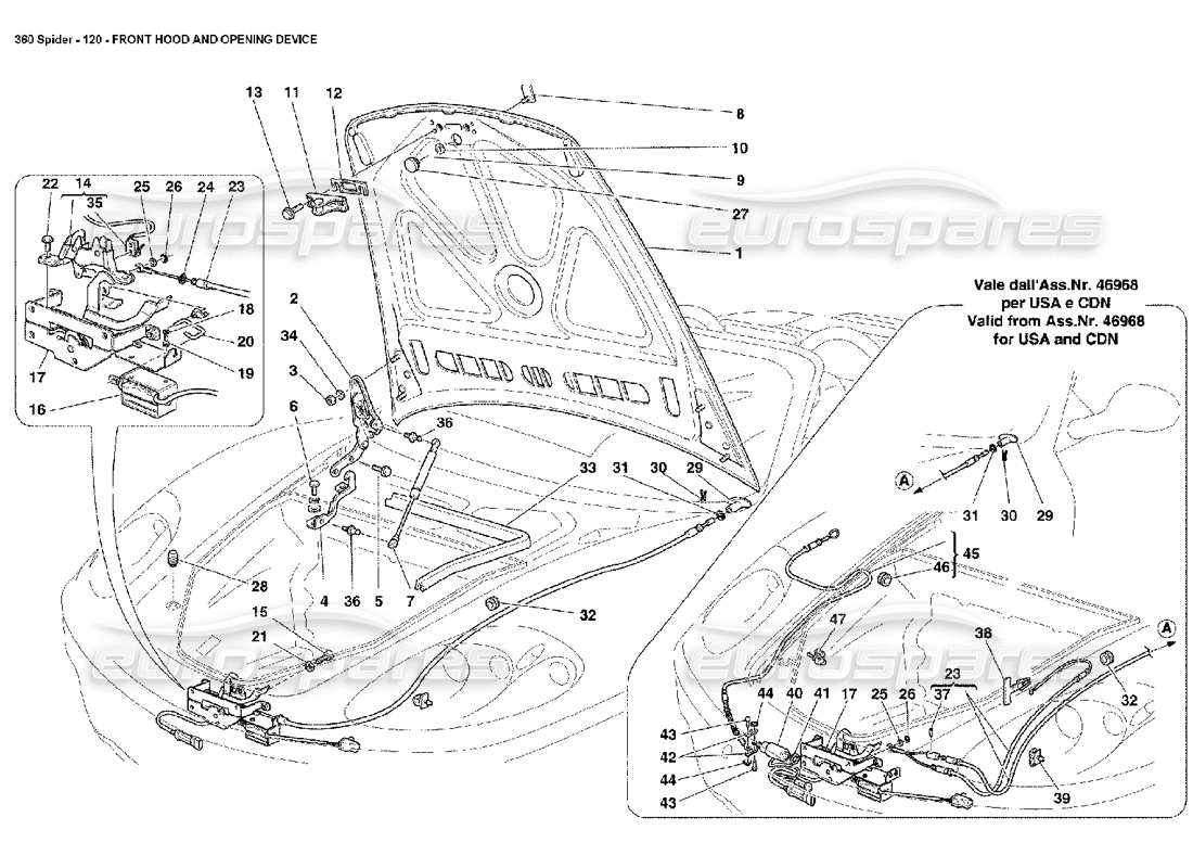 ferrari 360 spider schéma des pièces du capot avant et du dispositif d'ouverture