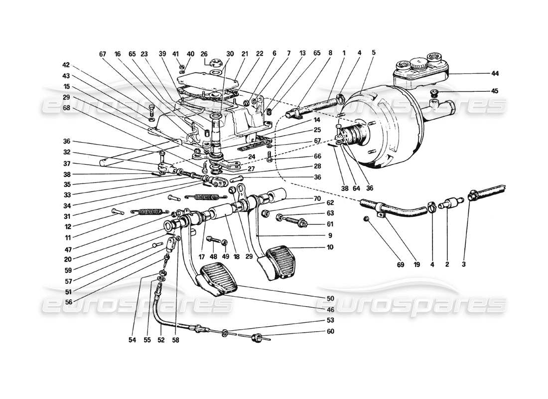 ferrari 308 gtb (1980) tableau de pédales - schéma des pièces des commandes de frein et d'embrayage
