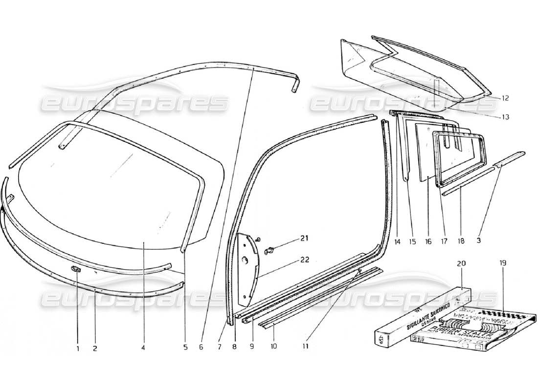 ferrari 308 gtb (1976) diagramme des pièces de lunettes