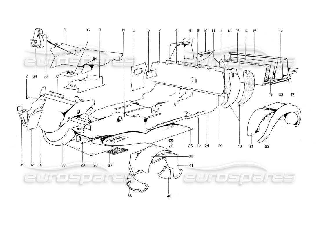 ferrari 308 gt4 dino (1979) coque de carrosserie - diagramme des pièces des éléments intérieurs