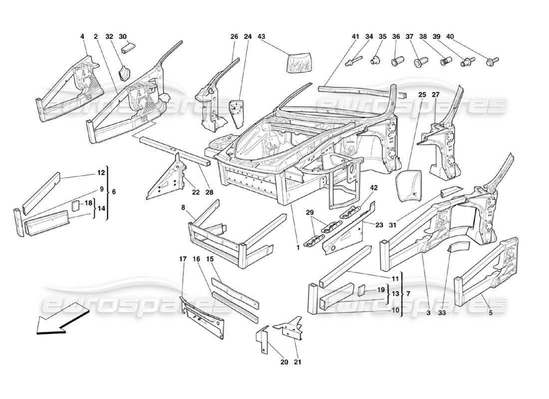 ferrari 360 challenge stradale châssis - structures et plaques d'éléments avant schéma des pièces