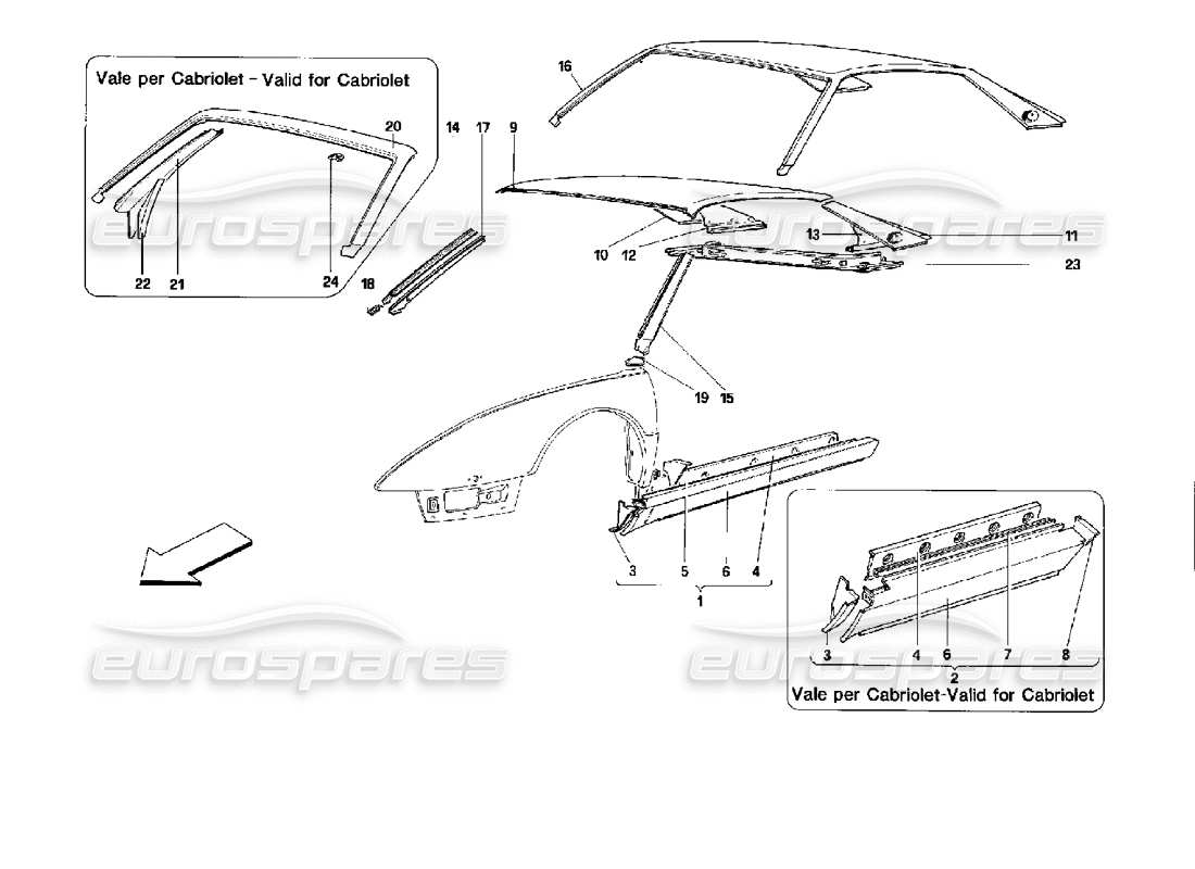 ferrari mondial 3.4 t coupe/cabrio carrosserie : éléments extérieurs - schéma des pièces de la partie centrale