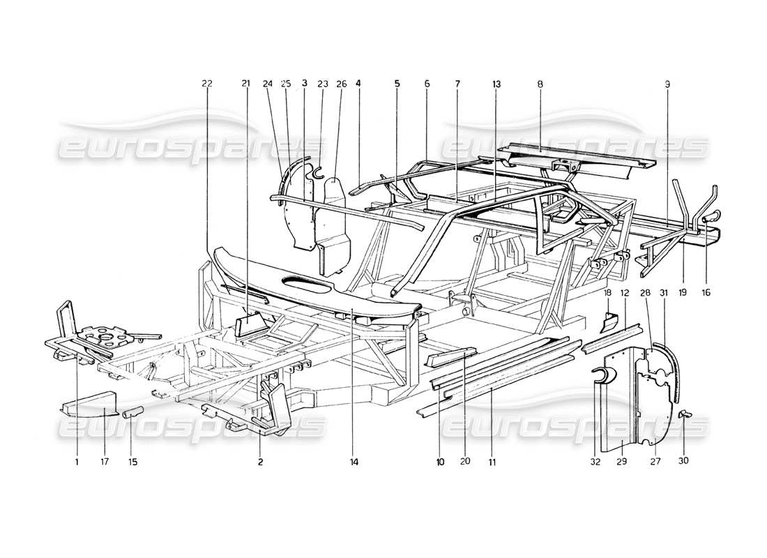 ferrari 308 gt4 dino (1979) coque de carrosserie - diagramme des pièces des éléments intérieurs