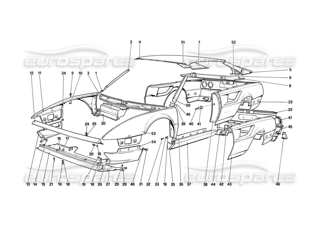 ferrari mondial 8 (1981) coque de carrosserie - diagramme des pièces des éléments extérieurs