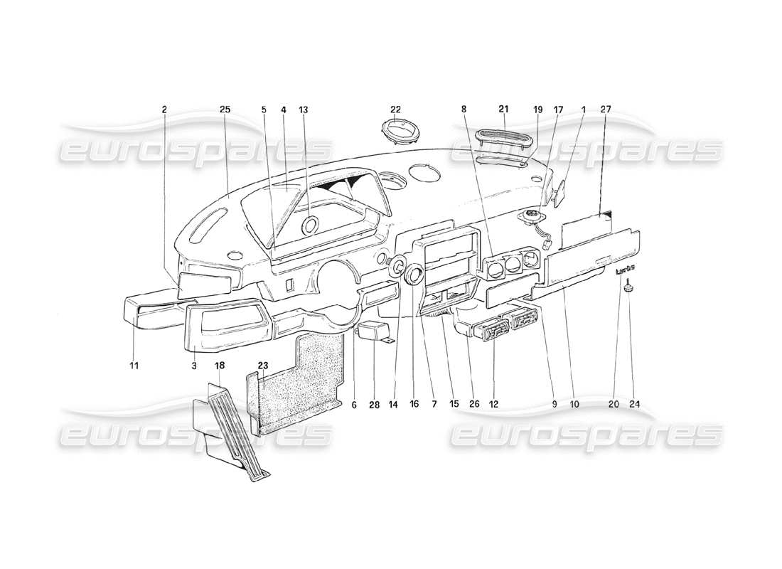 ferrari 208 turbo (1989) tableau de bord (jusqu'à la voiture 71595) schéma des pièces