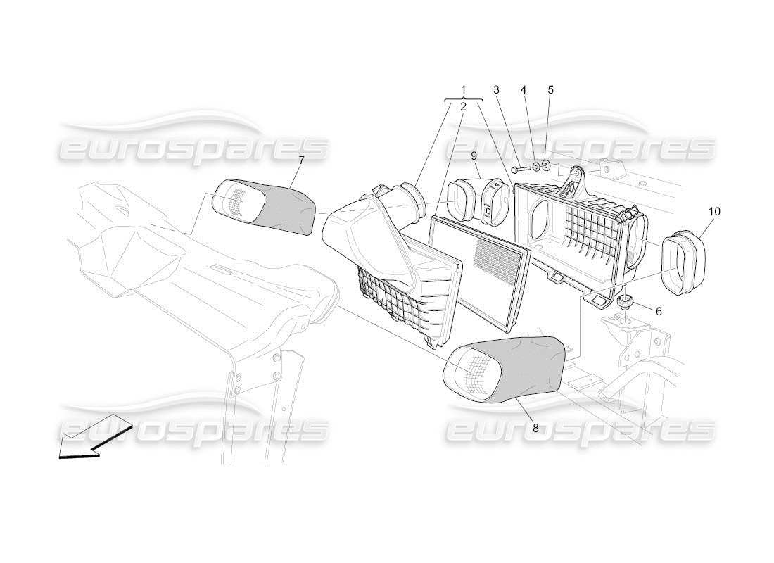 maserati qtp. (2011) 4.7 auto schéma des pièces du filtre à air, de l'admission d'air et des conduits