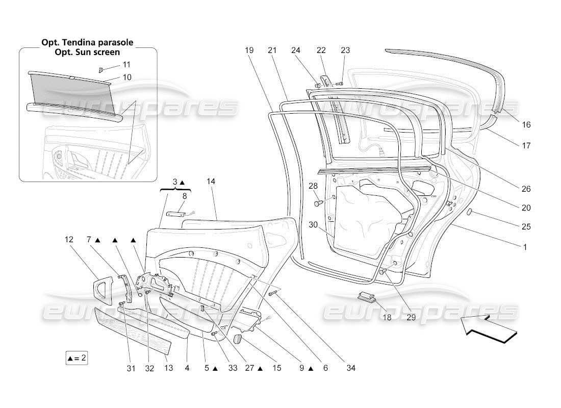maserati qtp. (2011) 4.7 auto portes arrière : diagramme de pièces des panneaux de garniture