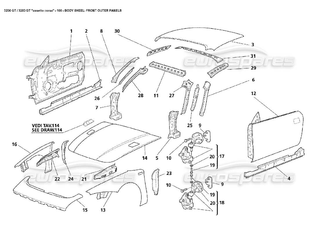 maserati 3200 gt/gta/assetto corsa corps : diagramme de pièces des panneaux extérieurs avant