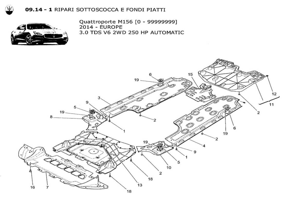 maserati qtp. v6 3.0 tds 250bhp 2014 schéma des pièces du soubassement et des protections de soubassement