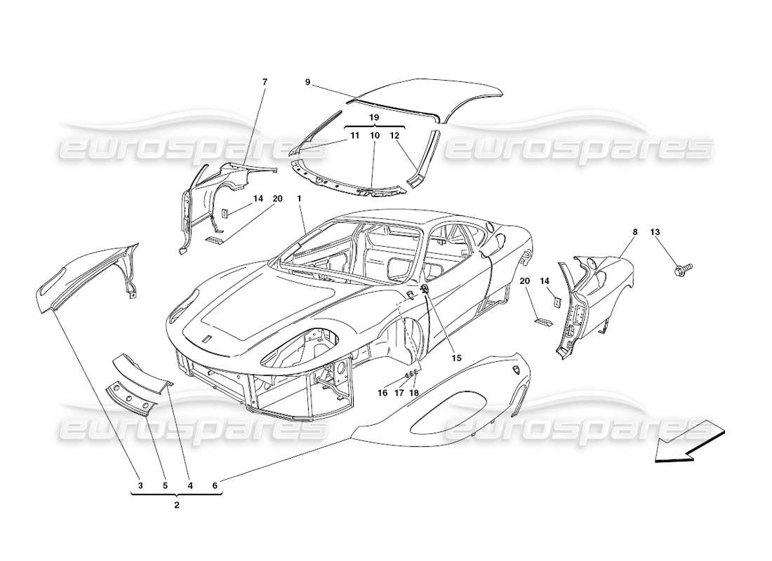 ferrari 430 challenge (2006) carrosserie - garnitures extérieures schéma des pièces