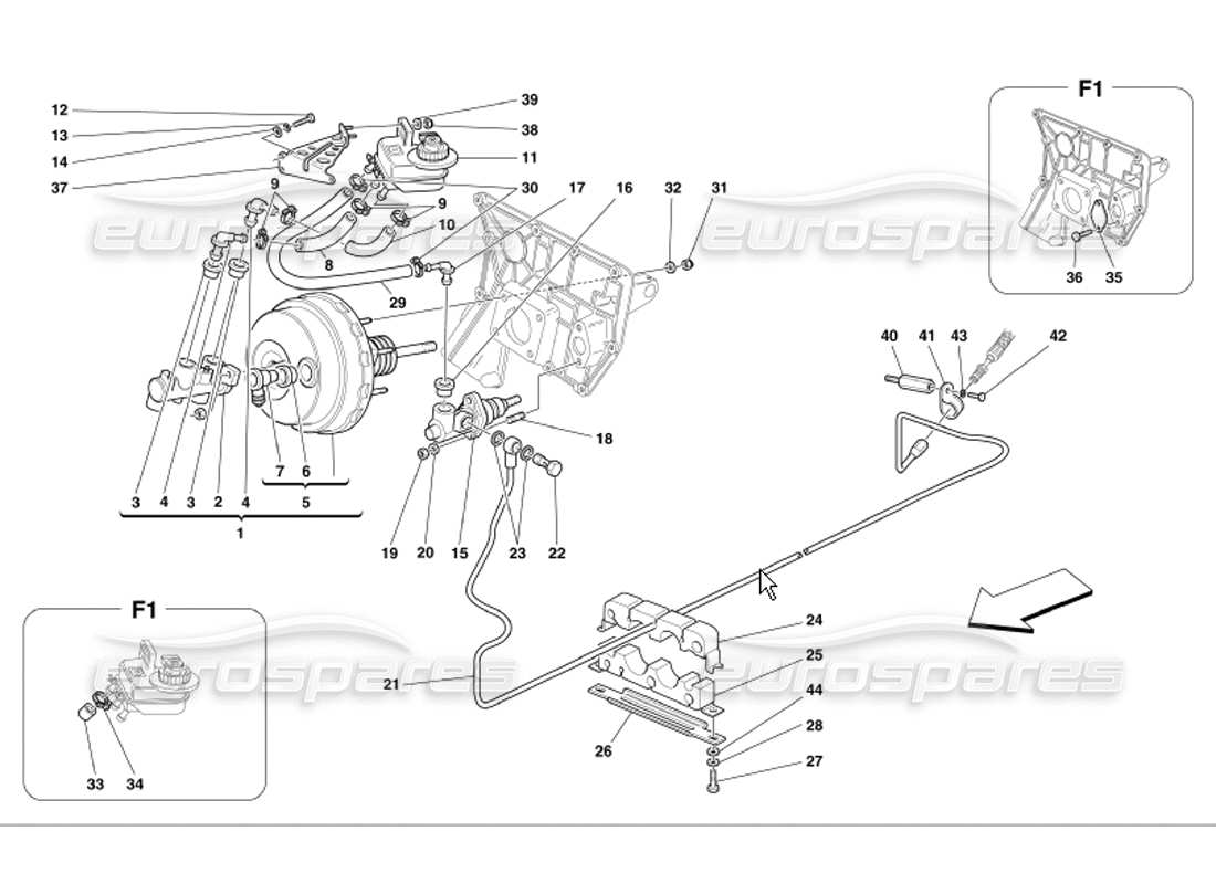 ferrari 360 modena schéma des pièces des commandes hydrauliques des freins et de l'embrayage