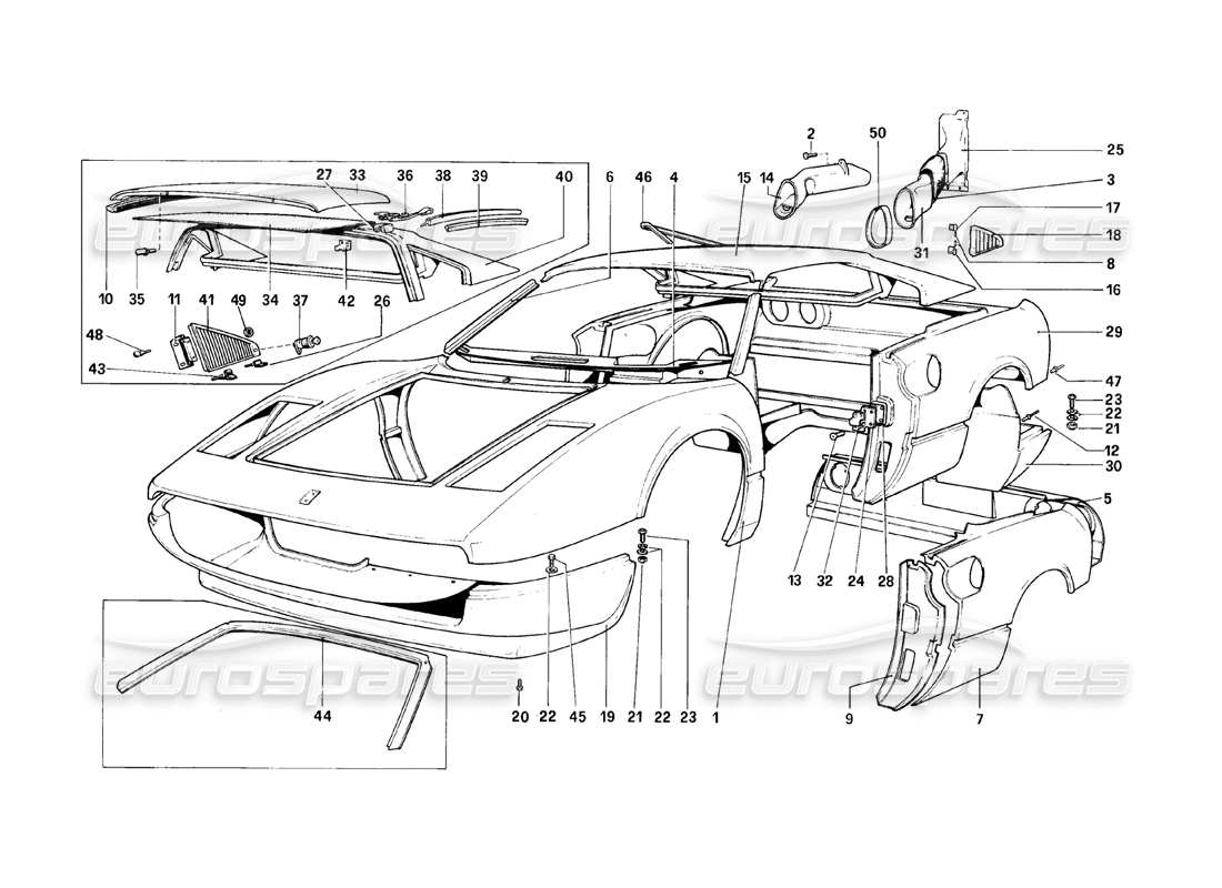 ferrari 308 (1981) gtbi/gtsi coque de carrosserie - diagramme des pièces des éléments extérieurs