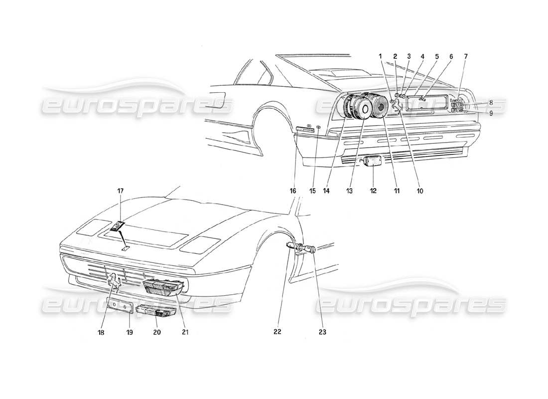 ferrari 208 turbo (1989) diagramme des lumières externes et des pièces moulées