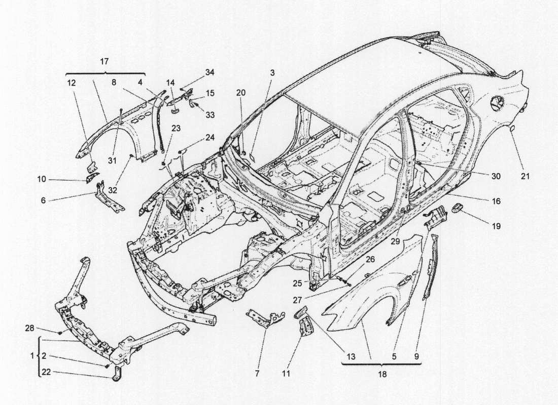 maserati qtp. v6 3.0 bt 410bhp 2wd 2017 schéma des pièces de la carrosserie et des panneaux de garniture extérieurs avant