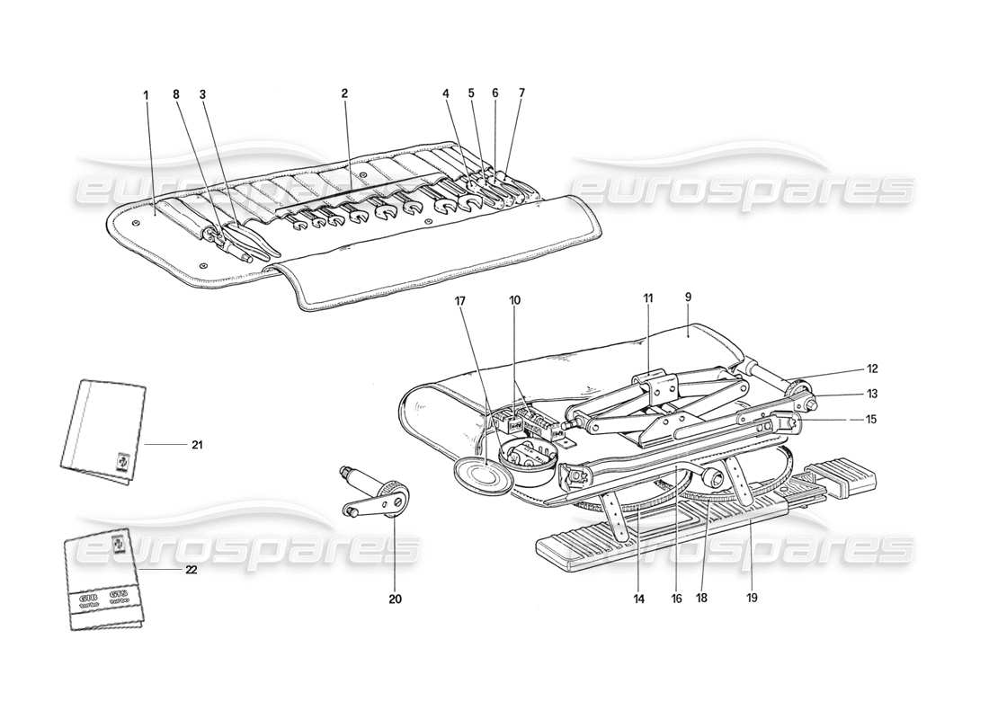 ferrari 208 turbo (1989) kit d'outils - diagramme des pièces des documents et accessoires
