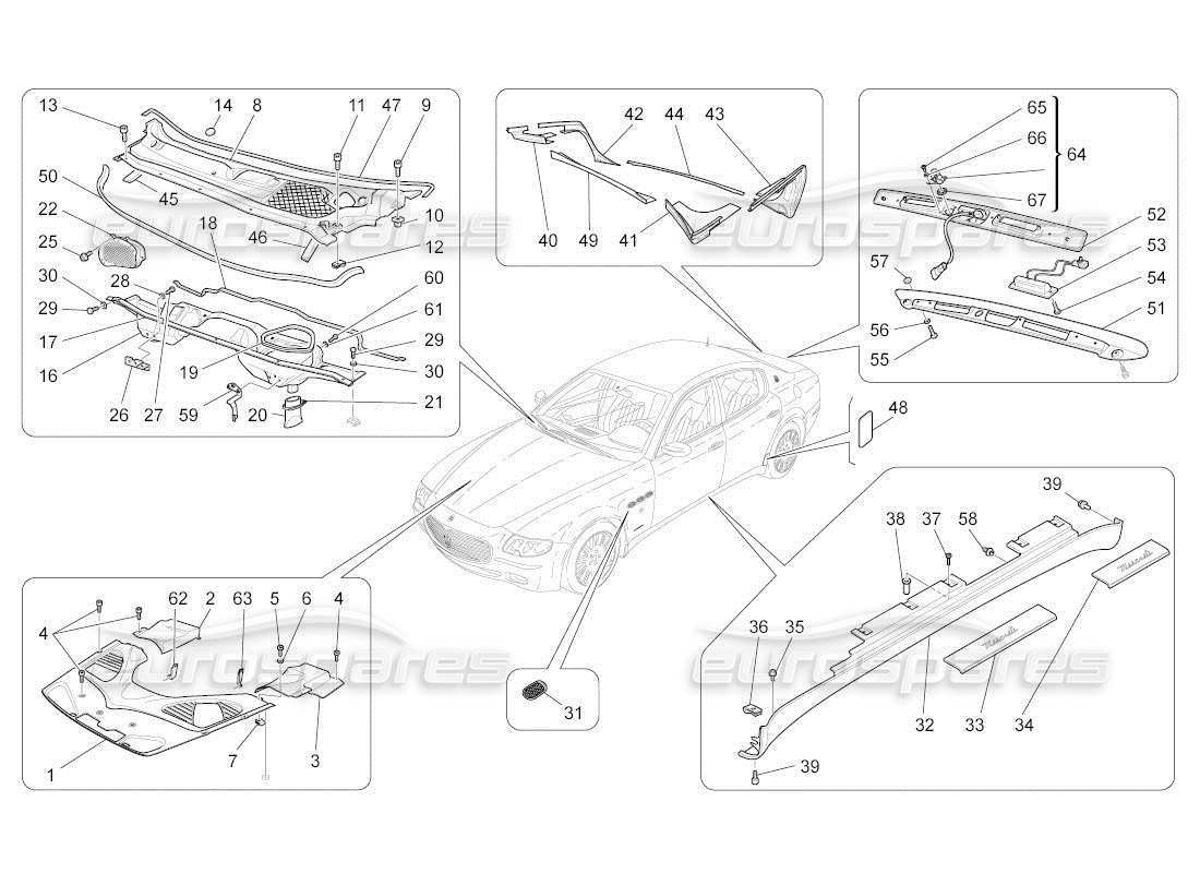 maserati qtp. (2011) 4.7 auto schéma des pièces des boucliers, des garnitures et des panneaux de revêtement