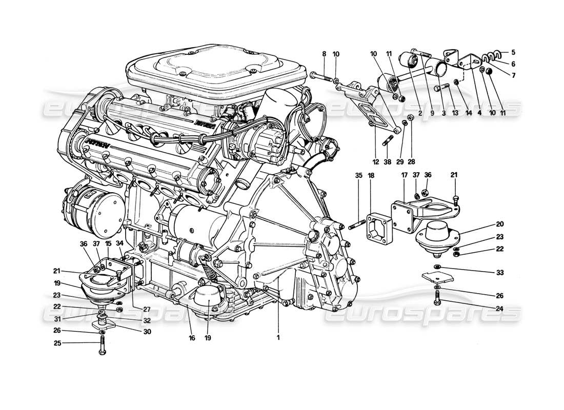 ferrari 308 gtb (1980) moteur - schéma des pièces de la boîte de vitesses et des supports