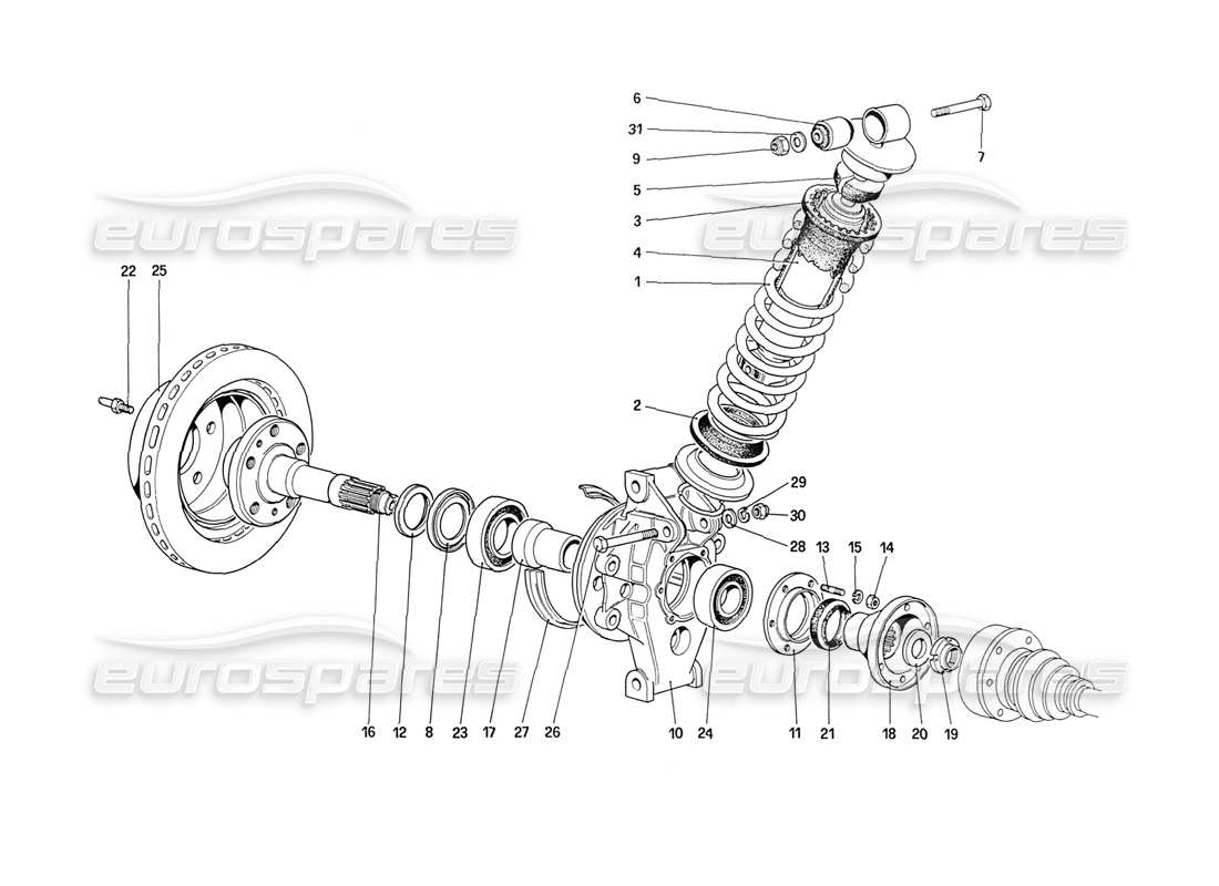 ferrari 208 turbo (1989) suspension arrière - amortisseur et disque de frein (jusqu'au numéro de voiture 76625) schéma des pièces