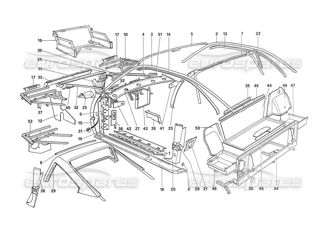 ferrari 208 turbo (1989) coque de carrosserie - diagramme des pièces des éléments intérieurs