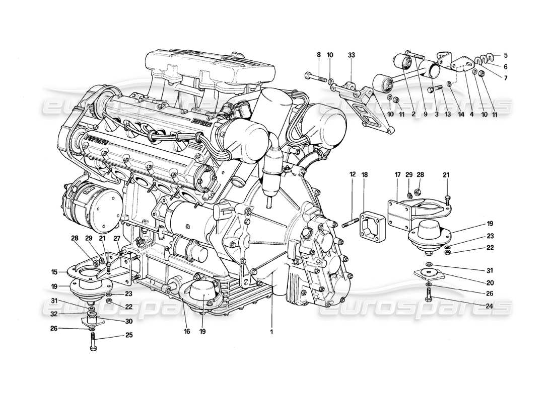 ferrari 308 (1981) gtbi/gtsi moteur - schéma des pièces de la boîte de vitesses et des supports