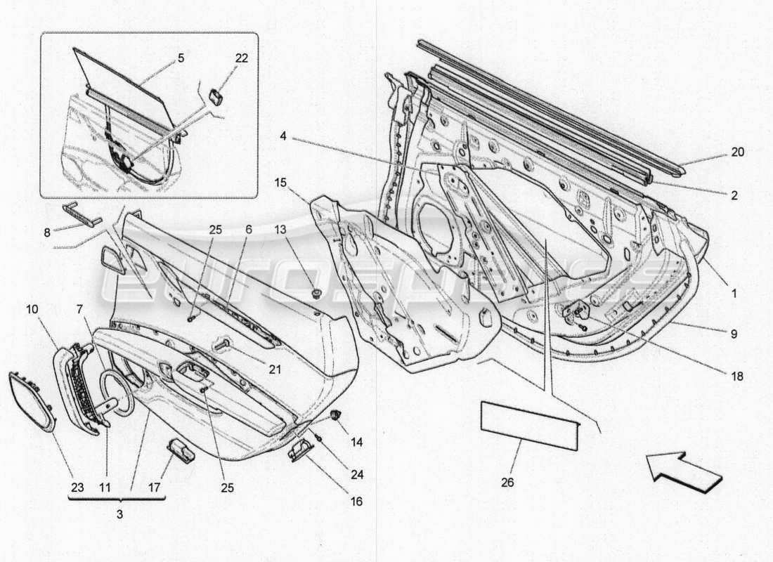 maserati qtp. v8 3.8 530bhp 2014 auto portes arrière : diagramme de pièces des panneaux de garniture