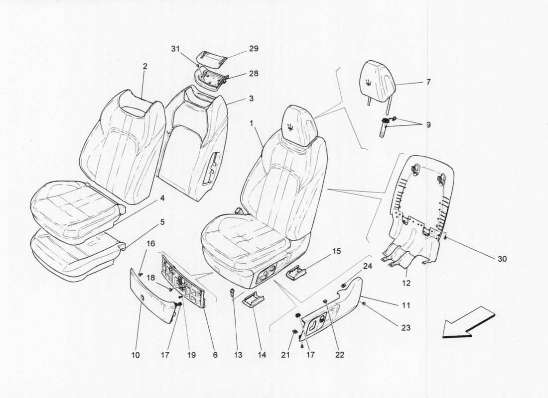 maserati qtp. v6 3.0 tds 275bhp 2017 sièges avant : panneaux de garniture schéma des pièces