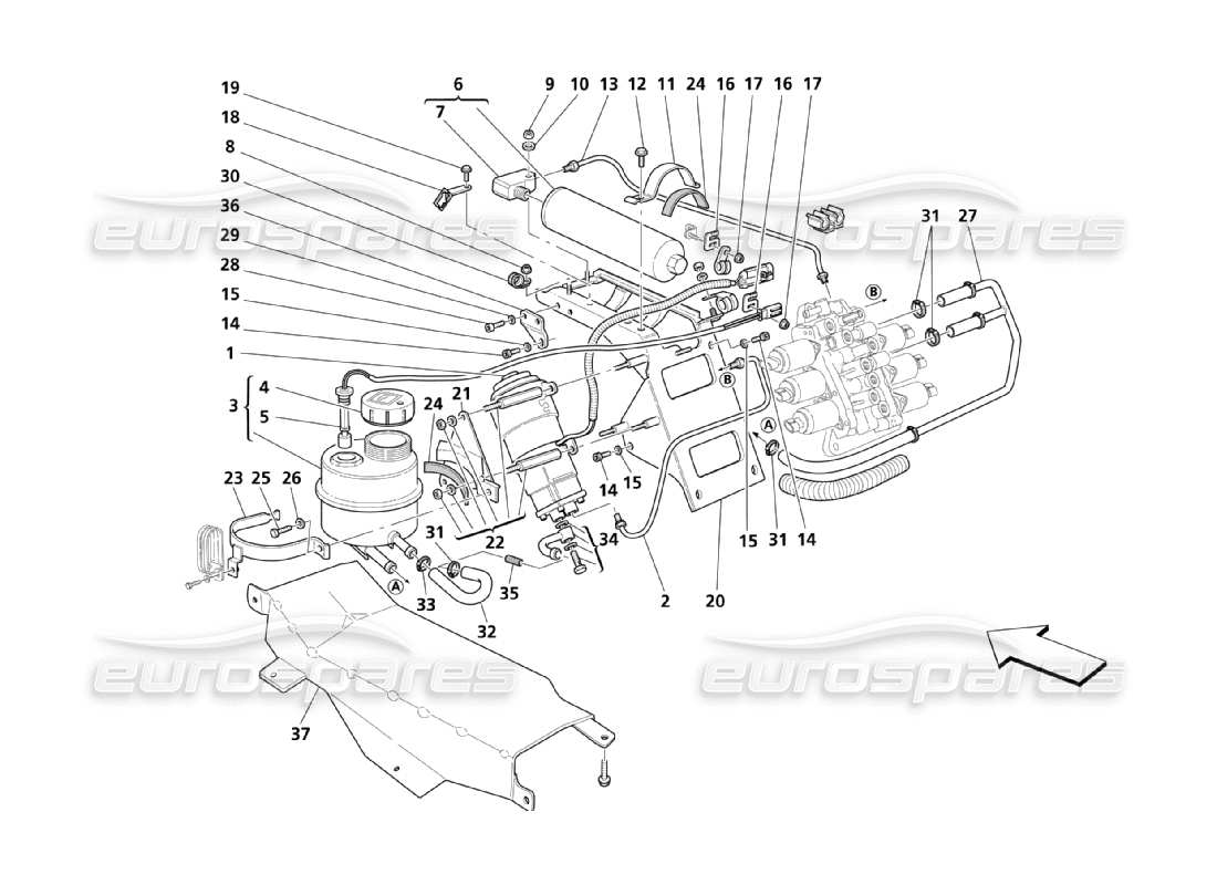 maserati qtp. (2003) 4.2 système hydraulique de commande de boîte de vitesses : diagramme de pièces du réservoir et de la pompe