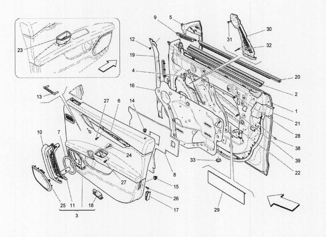 maserati qtp. v6 3.0 bt 410bhp 2wd 2017 portes avant : diagramme de pièces des panneaux de garniture
